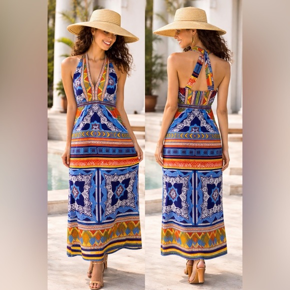 Hale Bob Dresses & Skirts - Hale Bob Boho Blue White Stretch Jersey Halter Open Back Maxi Dress Small